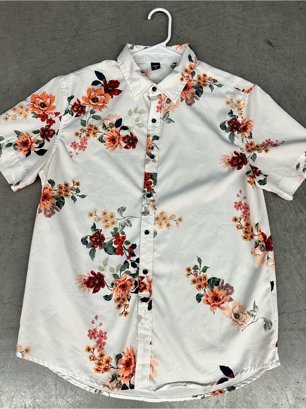 Men's White Floral Short-Sleeve Button-Down Shirt — Orange & Red Print